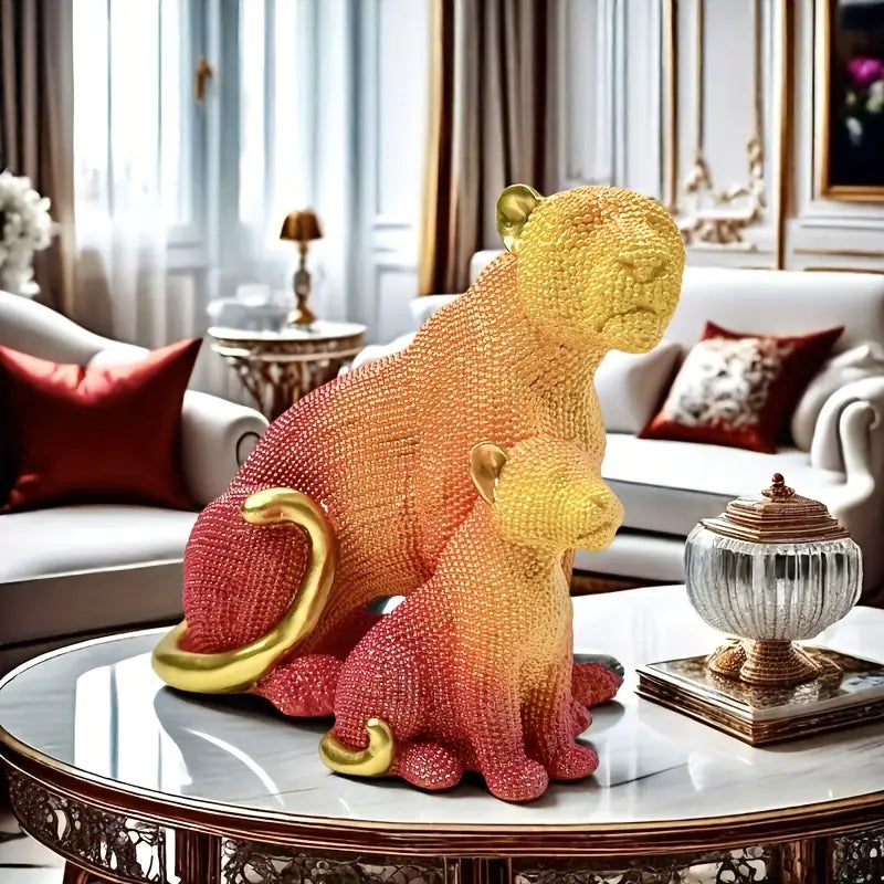 Orange-Red Leopard Statue with Golden Accents