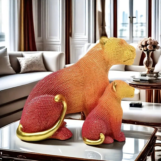 Orange-Red Leopard Statue with Golden Accents